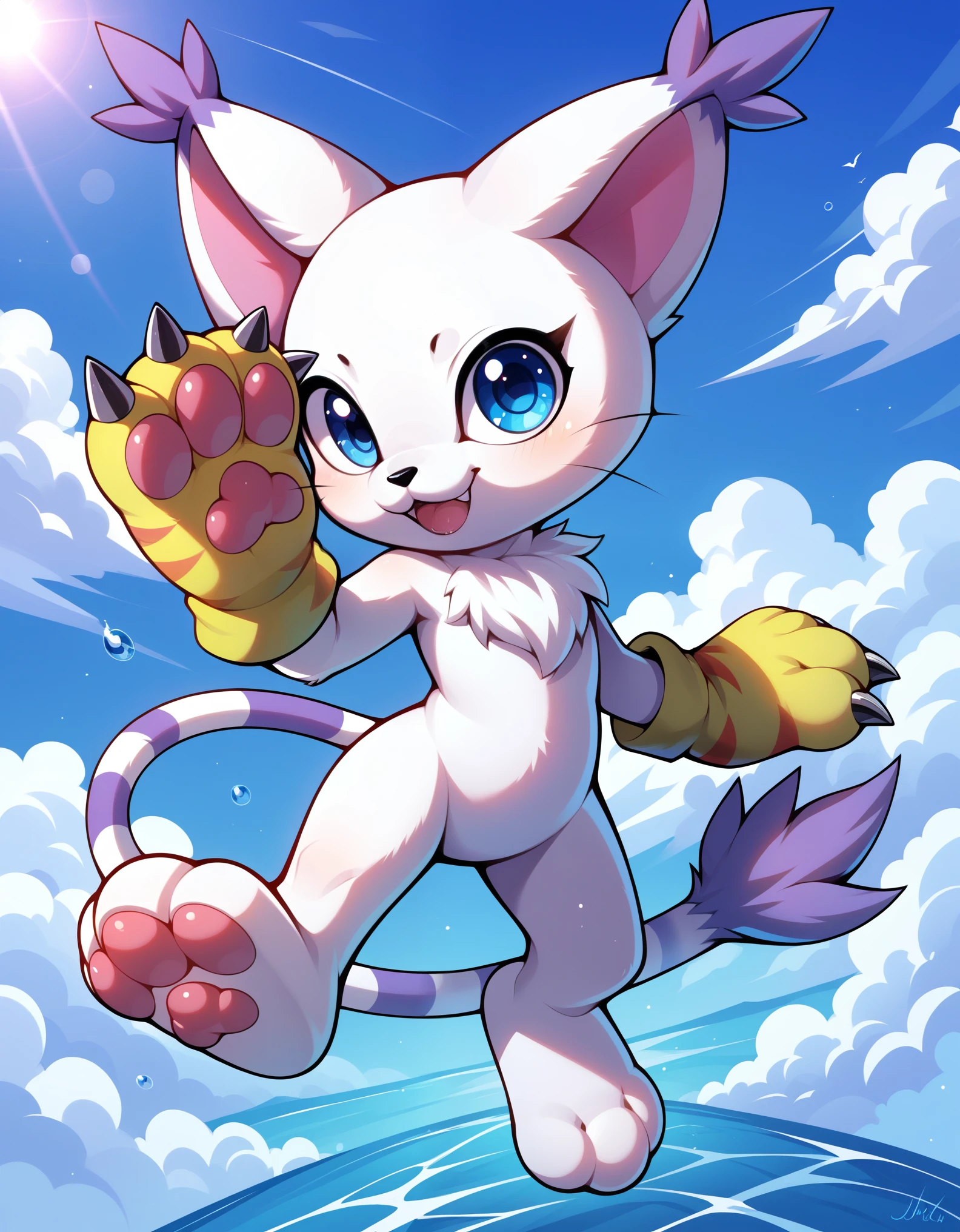 gatomon, feral, (digimon), solo, looking at viewer, blue eyes, white fur, striped tail, gloves, paw gloves, pawpads,,