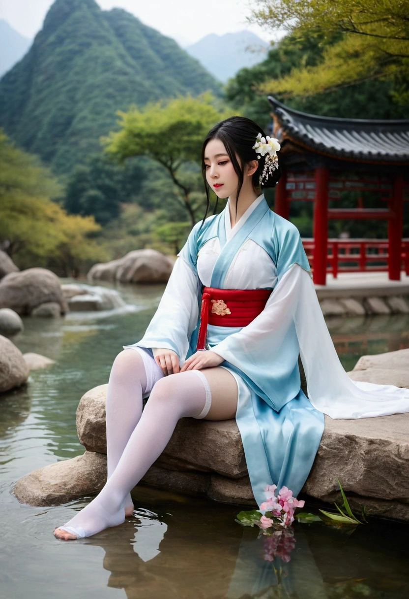 Hanfu, 1 girl, medium breasts, neckleace, moutain, soaking feet, sitting down, Chinese park background,white thigh highs,clean water,(feet:1.3), lot of flowers, new,