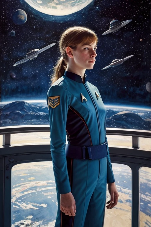 watercolor painting, (Sadie Wilkinson wearing a Star Trek uniform, contemplative expression, gazing out into space), (standing on a space station observation deck, planets and stars in the distance, soft ambient lighting), (vibrant colors, delicate brushstrokes, highly detailed, professional, Contemporary Sci-Fi Impressionism, trending on ArtStation), by Mary Cassatt and Childe Hassam and Joaquín Sorolla