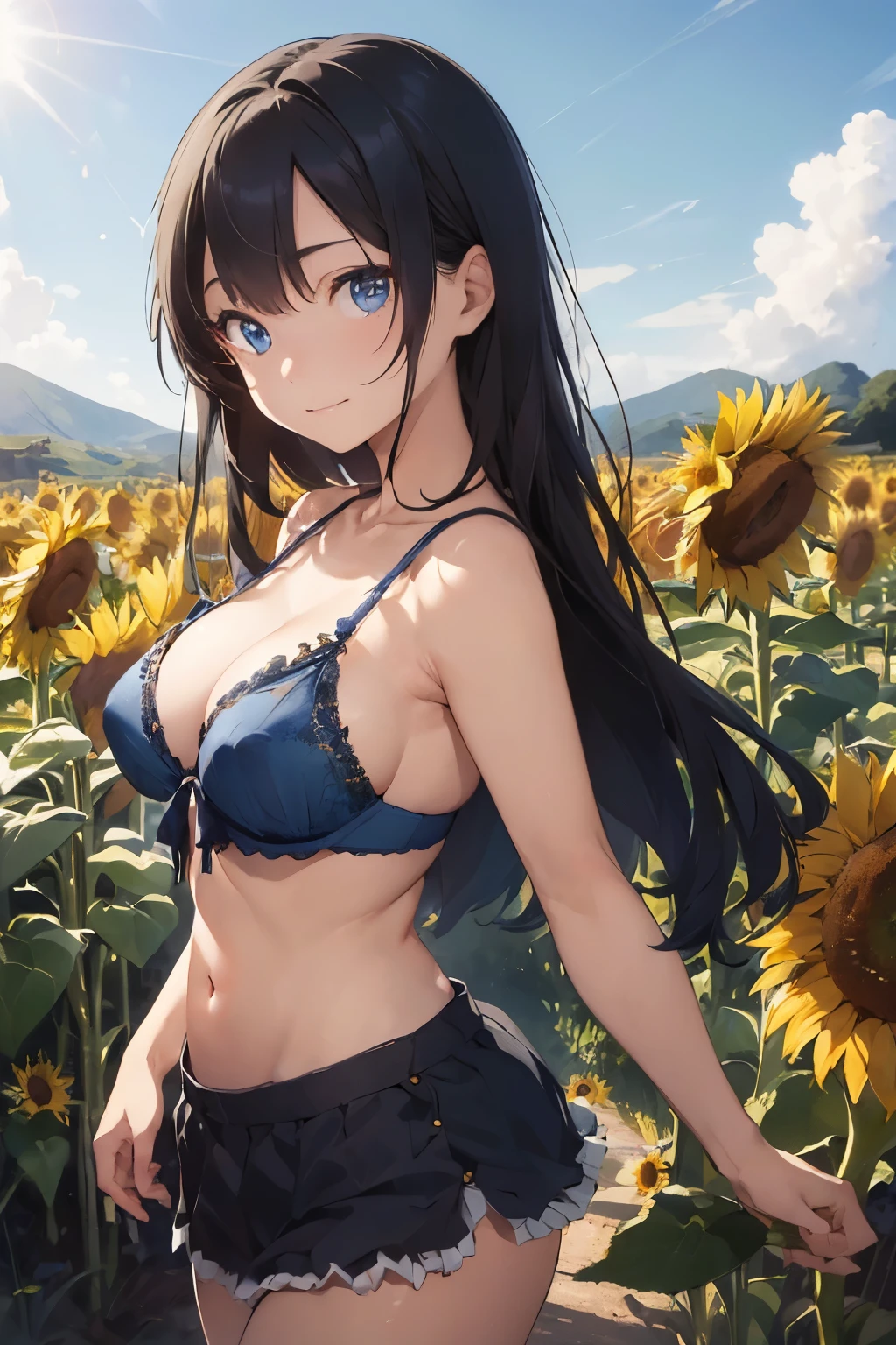 ((Highest quality)), ((masterpiece)), (detailed), (Japanese),, Black Hair,(Childish face), (long hair), Girl, , big Breasts, Small nipples, , ((Blue eyes)),half-smile ,Tube Top Bra, Sunlight, cowboy shot, arched back, (close_up) ,Sunflower field,