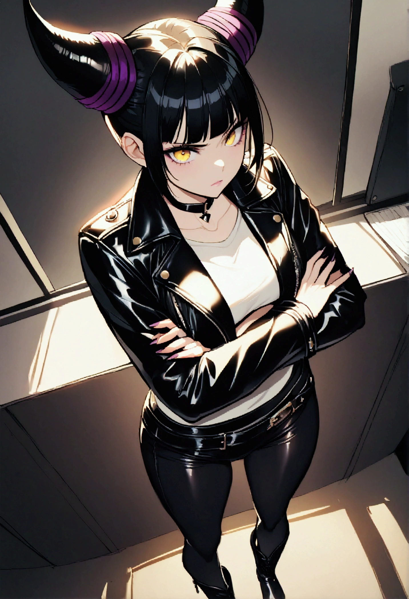 Juri Han,beautiful young warrior , with a very detailed and beautiful face, gorgeous eyes, gorgeous eyes, gorgeous face, beautiful young woman wearing long black leggings with black details, usando leather jacket preta, standing in an office, wearing black boots, horn hair, with black fringe, , sorriso Malignant ,white sweater with strap around, serious look,usando leather jacket preto, leather jacket,staring overhead,yellow lighting, Malignant,crossed arms