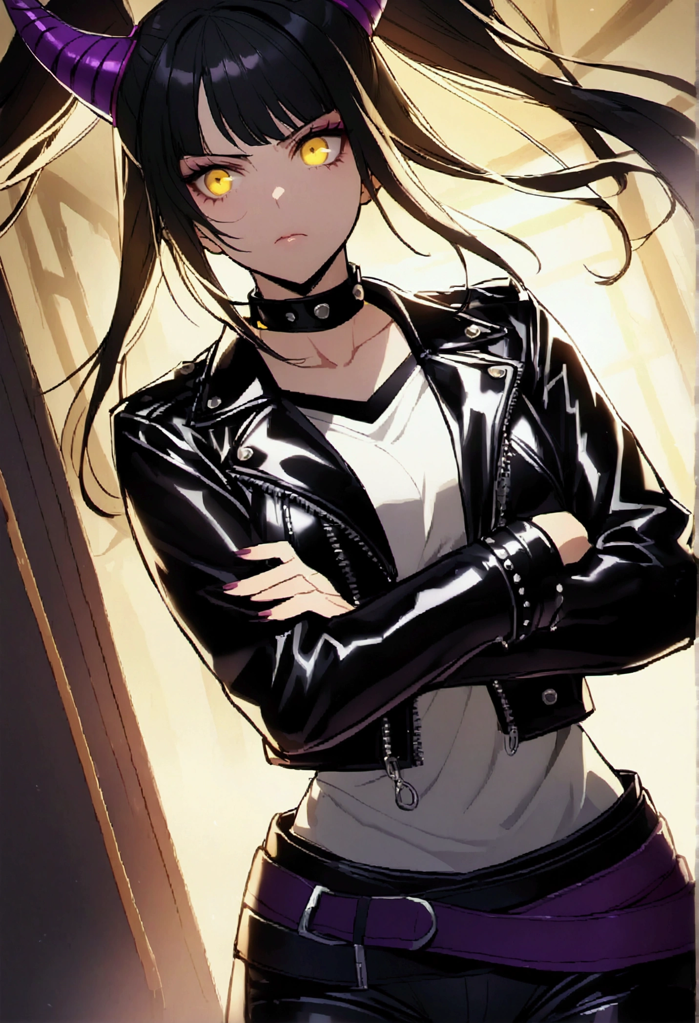 Juri Han,beautiful young warrior , with a very detailed and beautiful face, gorgeous eyes, gorgeous eyes, gorgeous face, beautiful young woman wearing long black leggings with black details, usando leather jacket preta, standing in an office, wearing black boots, horn hair, with black fringe, , sorriso Malignant ,white sweater with strap around, serious look,usando leather jacket preto, leather jacket,staring overhead,yellow lighting, Malignant,crossed arms
