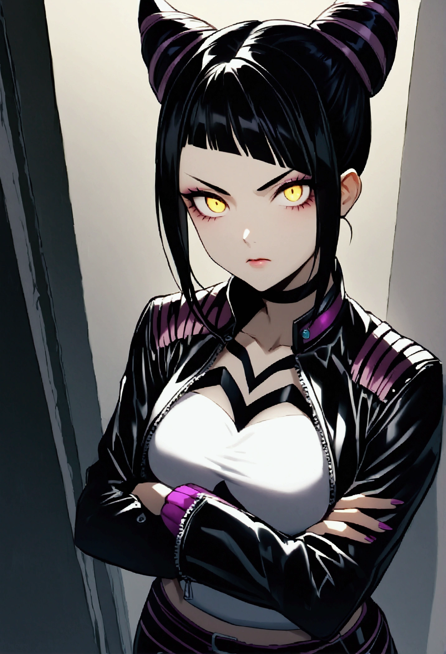 Juri Han,beautiful young warrior , with a very detailed and beautiful face, gorgeous eyes, gorgeous eyes, gorgeous face, beautiful young woman wearing long black leggings with black details, usando leather jacket preta, standing in an office, wearing black boots, horn hair, with black fringe, , sorriso Malignant ,white sweater with strap around, serious look,usando leather jacket preto, leather jacket,staring overhead,yellow lighting,  Malignant,crossed arms
