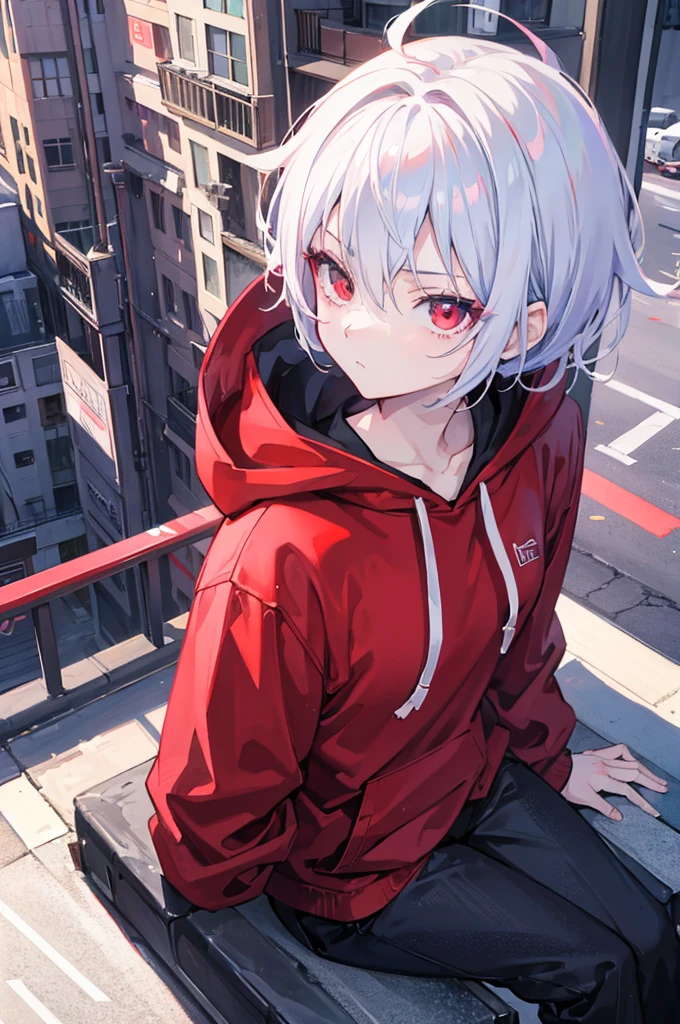 Male anime character, short white hair, red eyes, more details on face and eyes, wearing red hoodie, black pants, sitting, city, night, absurdres, high res, ultrasharp, 8K, masterpiece, looking at viewer, sitting on a wall in a city at night, best anime 4k , 4k anime wallpaper, anime style 4 k, badass anime 8 k, anime wallpaper 4 k, anime wallpaper 4k, anime art wallpaper 8 k, anime art wallpaper 4k, anime art wallpaper 4 k, anime style. 8k, high quality anime artstyle