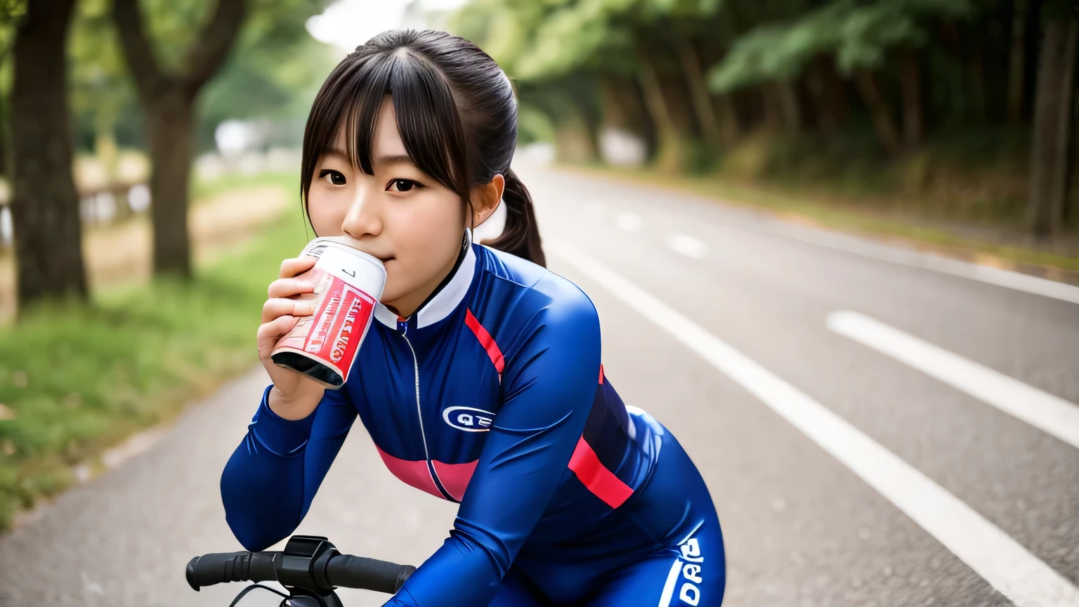 High quality, 8K, photo quality, super realistic, cute Japanese, 23 year old woman in cycling clothes, beautiful woman, she is sipping on a can of juice in one hand while cycling