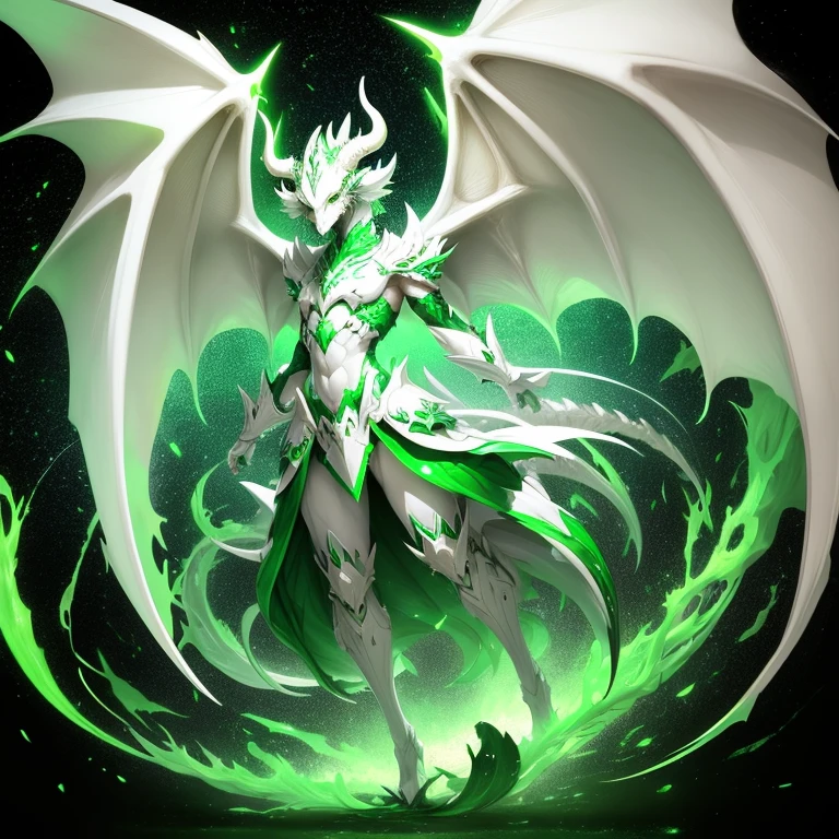 full body, light white dragon green eyes fantasy dragon, horns, large white wings, green stars energy behind, green shooting star