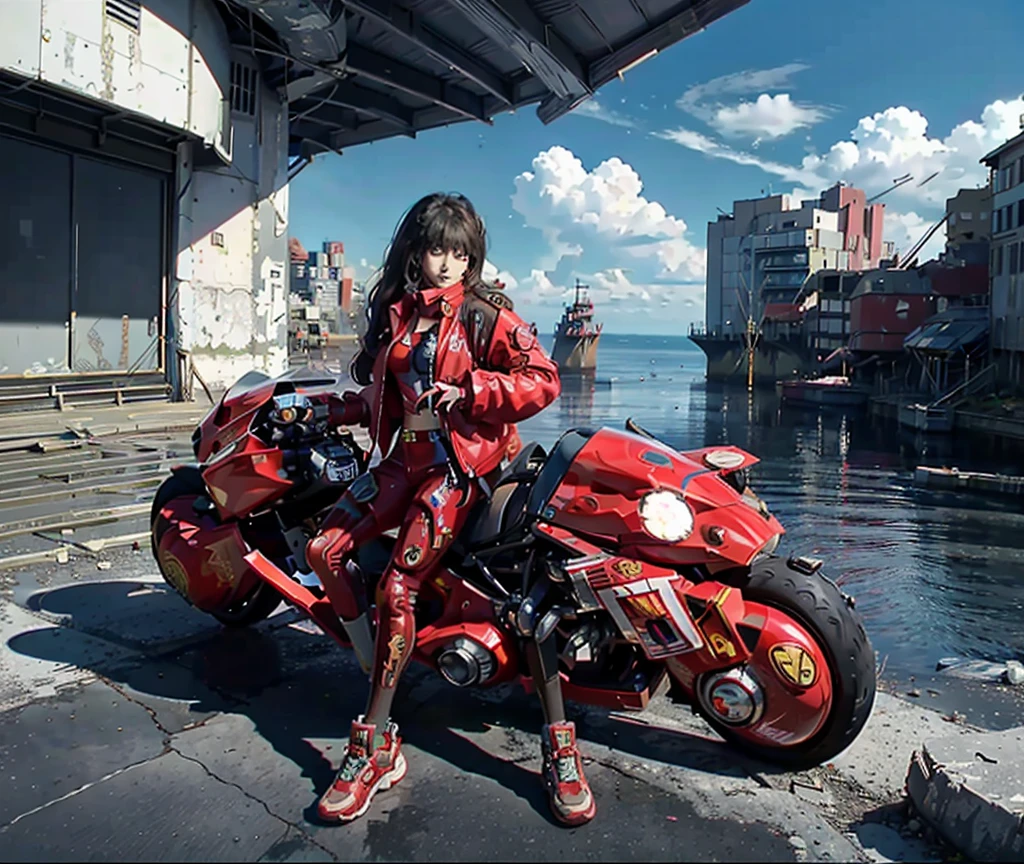 closed - up, upper body, masterpiece, best quality, a pretty young girl, beautifu young face, wearing red jacket and short pants, (riding a red akirabike In the ruins of a cyberpunk city after a thermonuclear war, Broken neon signs hanging from buildings), (round scifi metal breastplate coldly), long legs, (big warm grin), Lots of exposed broken cables pureerosface_v1