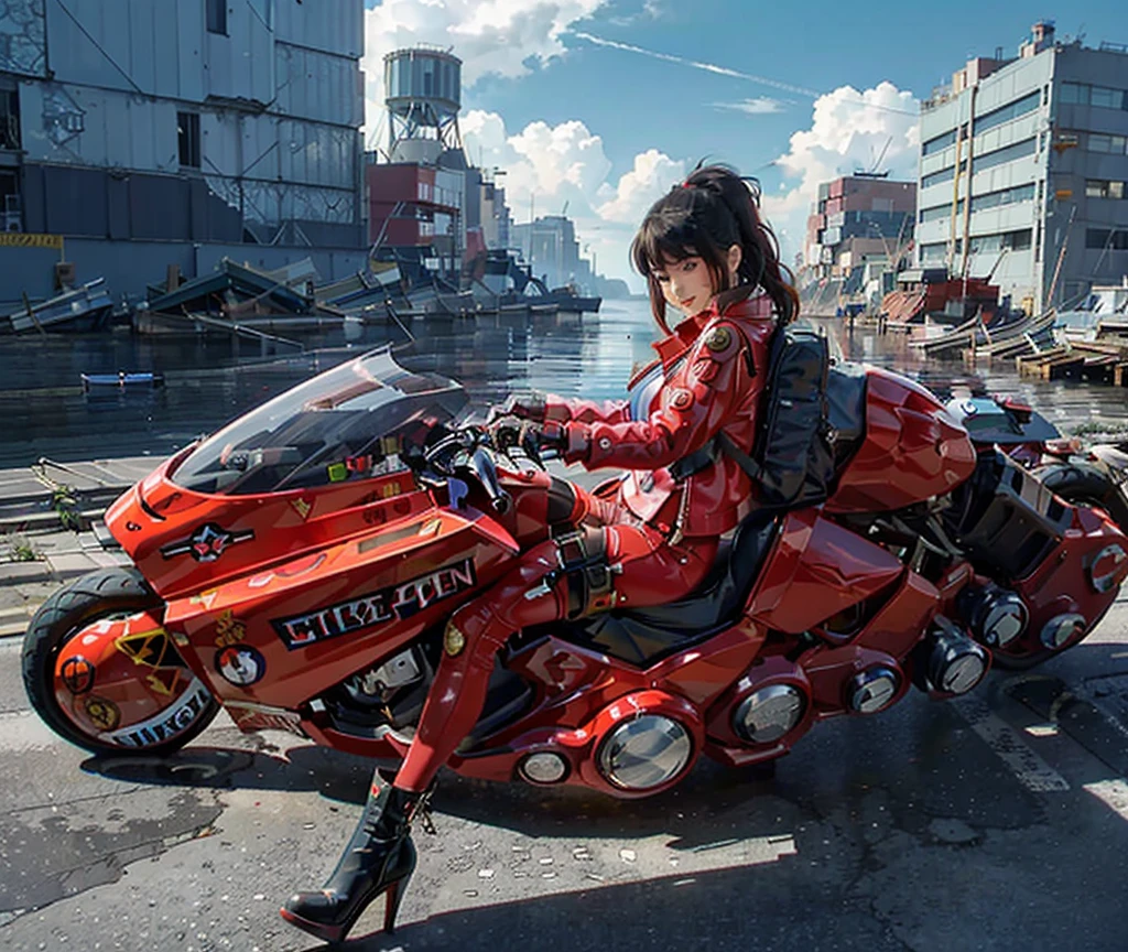 closed - up, upper body, masterpiece, best quality, a pretty young girl, beautifu young face, wearing red jacket and short pants, (riding a red akirabike In the ruins of a cyberpunk city after a thermonuclear war, Broken neon signs hanging from buildings), (round scifi metal breastplate coldly), long legs, (big warm grin), Lots of exposed broken cables pureerosface_v1
