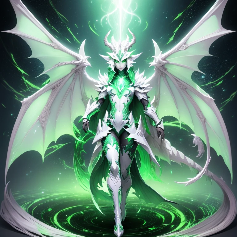 full body, light white dragon green eyes fantasy dragon, horns, large white wings, green stars energy behind, green shooting star