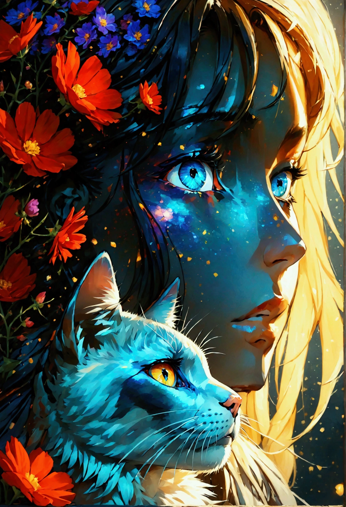 there is a woman with a cat and flowers in her hair, Beautiful UHD 4K art, cyril rolando and m.I&#39;m confused, cyril rolando and m. I&#39;m confused, just kidding, Highly detailed 4k digital art, detailed painting 4k, awesome digital illustration, In the style of Cyril Rolando, Alice X. Zhang