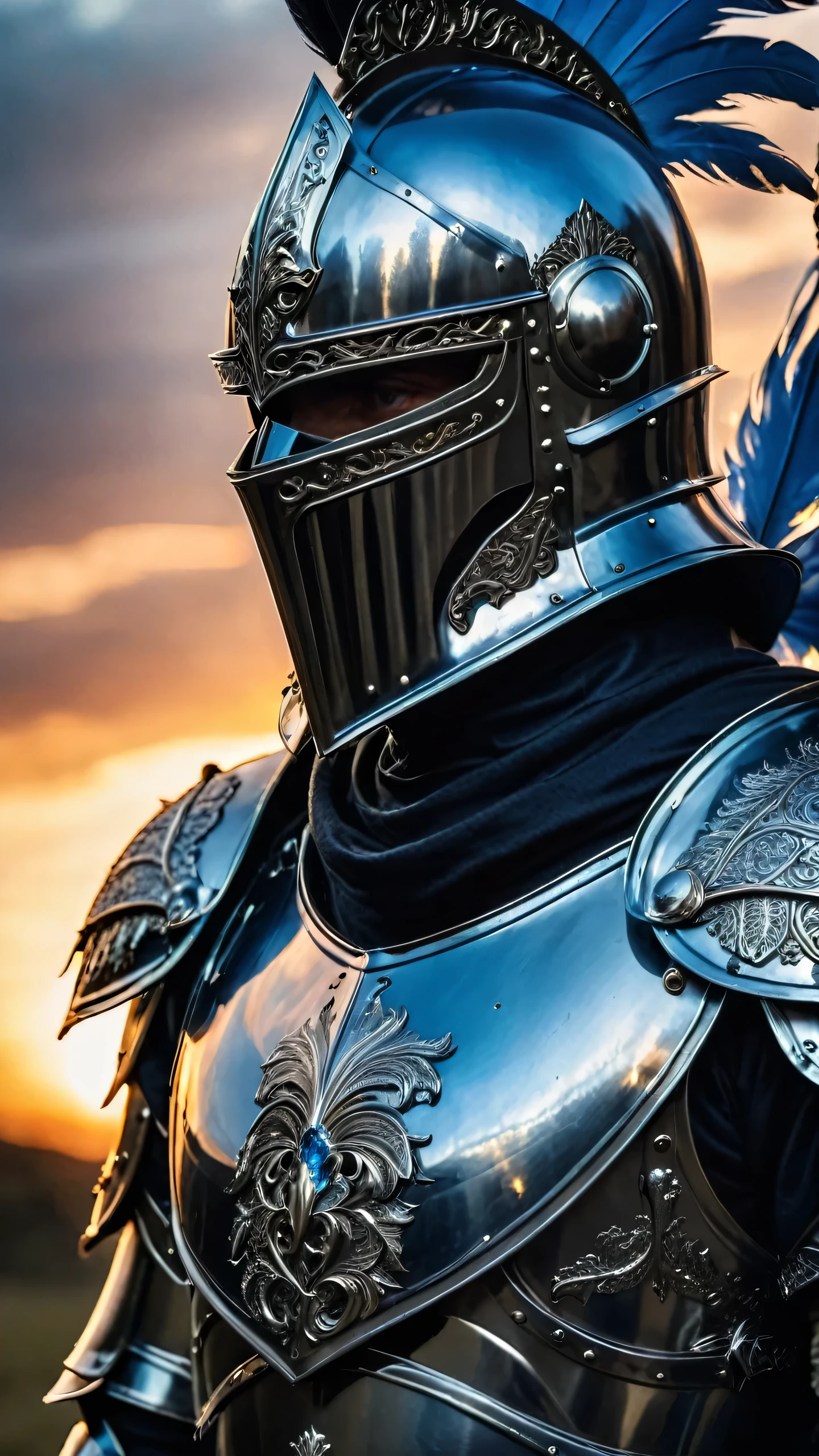 closeup, medieval knight, shiny armor, sunset, black armor, blue robes, feather on helmet