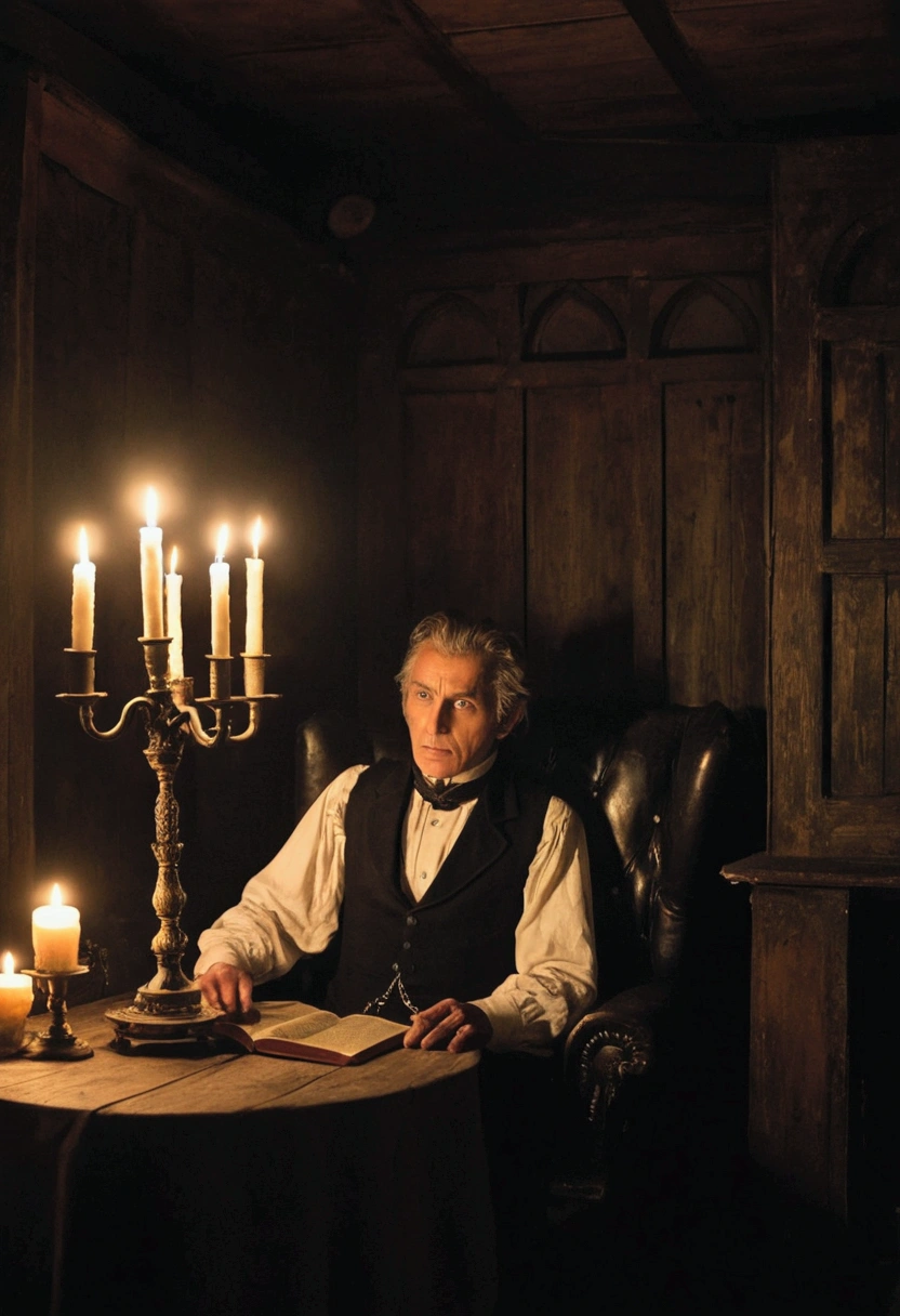 In a dimly lit room shrouded in darkness, a person sits in a worn leather armchair. The weathered wooden walls seem to close in around them as candles flicker in ancient candelabras, casting dancing and trembling shadows. The atmosphere is eerie and heavy with an oppressive silence. A window with tattered curtains sways gently with the wind, revealing a full moon outside, adding a sinister touch to the setting. The room is decorated with old furniture: a wooden table covered with dusty, mysterious books, an antique pendulum clock that seems to mark the passage of time ominously, and an extinguished fireplace with charred logs. An antique mirror with a golden frame hangs on the wall, reflecting the flickering candlelight in a distorted manner, as if it holds secrets from the past. The person, dressed in dark Victorian attire – a high-collared white shirt, a black vest, and a long black jacket – begins to tell a macabre story. Their face is partially illuminated by the candles, highlighting piercing eyes and an expression of deep terror. Their voice, low and laden with suspense, reverberates through the room, making the shadows on the walls seem to come alive.