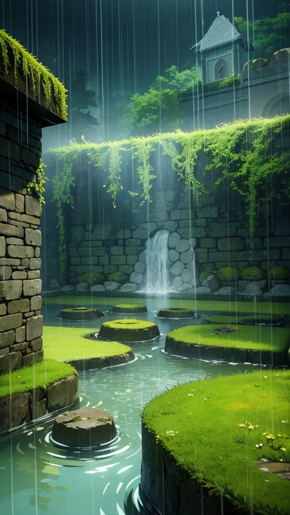 labyrinth of stone walls with moss, raining, cloudy, floor submerged with water that completely covers it