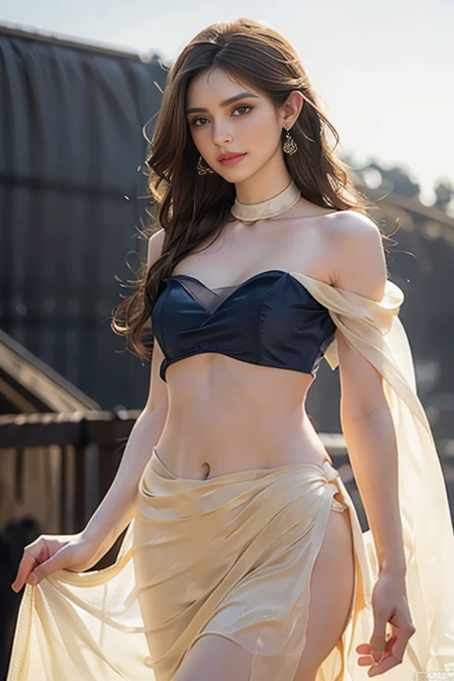 "Craft a description for a girl's clothing, drawing inspiration from Greek mythology, featuring flowing fabrics, golden accents, and symbols of divine beauty."