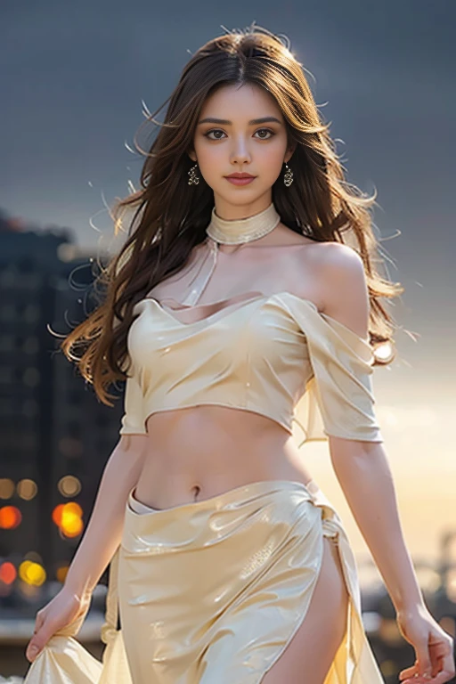 8K, ultra hd, masterpiece, best quality, a beautiful girl, long hair, impressive hairstyle, royal hair jewelry, jewellery earrings, antique jewellery, details eyes, beautiful eyes, meticulous makeup, thin eyebrows, beautiful lips, small breasts, royal dress, blue dress, realistic colors, magic effect, epic scenery, epicness background, perfect body,((Medium breasts, )), (Well-defined abs : 1.1), (Perfect body : 1.1), full-length photo, (Ripped tube top:1.3), (Extremely detailed CG 8k wallpaper), (Extremely delicate and beautiful), (masterpiece), (best quality:1.0), Delicate skin, Extremely detailed Portrait, a beautiful indian queen, classic, ultra detailed body, ultra detailed face, long pony hair, walking on a city street, white saree, medieval city buildings, medieval times, perfect anatomy, sexy, charming, majestic, tattooed hands, ultra quality, body parts, ambient lighting, ultra detailed 17th century city background, dark cloudy sky, volumetric fog, 8k