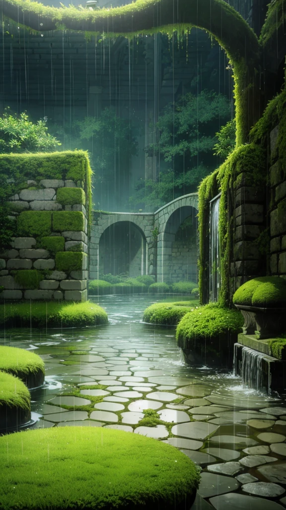 labyrinth of stone walls with moss, raining, cloudy, floor submerged with water that completely covers it,white clounds