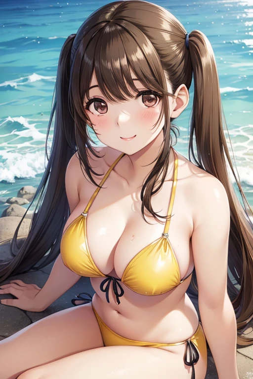 anegasaki nene、Shiny brown hair, Twin tails, (Beautiful brown eyes、Sparkling eyes, Fine grain)、smile、Ultra-detailed eyes、Highly detailed face, Highly detailed eyes,


(masterpiece、Highest quality、Highest quality、Official Art、Beautiful and beautiful:1.2)、
(Highest quality, masterpiece), One girl ,View your viewers, smile, Brown Hair, Yellow Bikini, Sitting on a rock on the beach