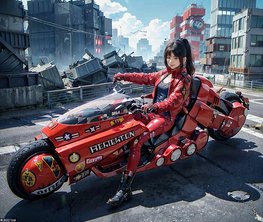 closed - up, upper body, masterpiece, best quality, a pretty young girl, beautifu young face, wearing red jacket and short pants, (riding a red akirabike In the ruins of a cyberpunk city after a thermonuclear war, Broken neon signs hanging from buildings), (round scifi metal breastplate coldly), long legs, (big warm grin), Lots of exposed broken cables pureerosface_v1
