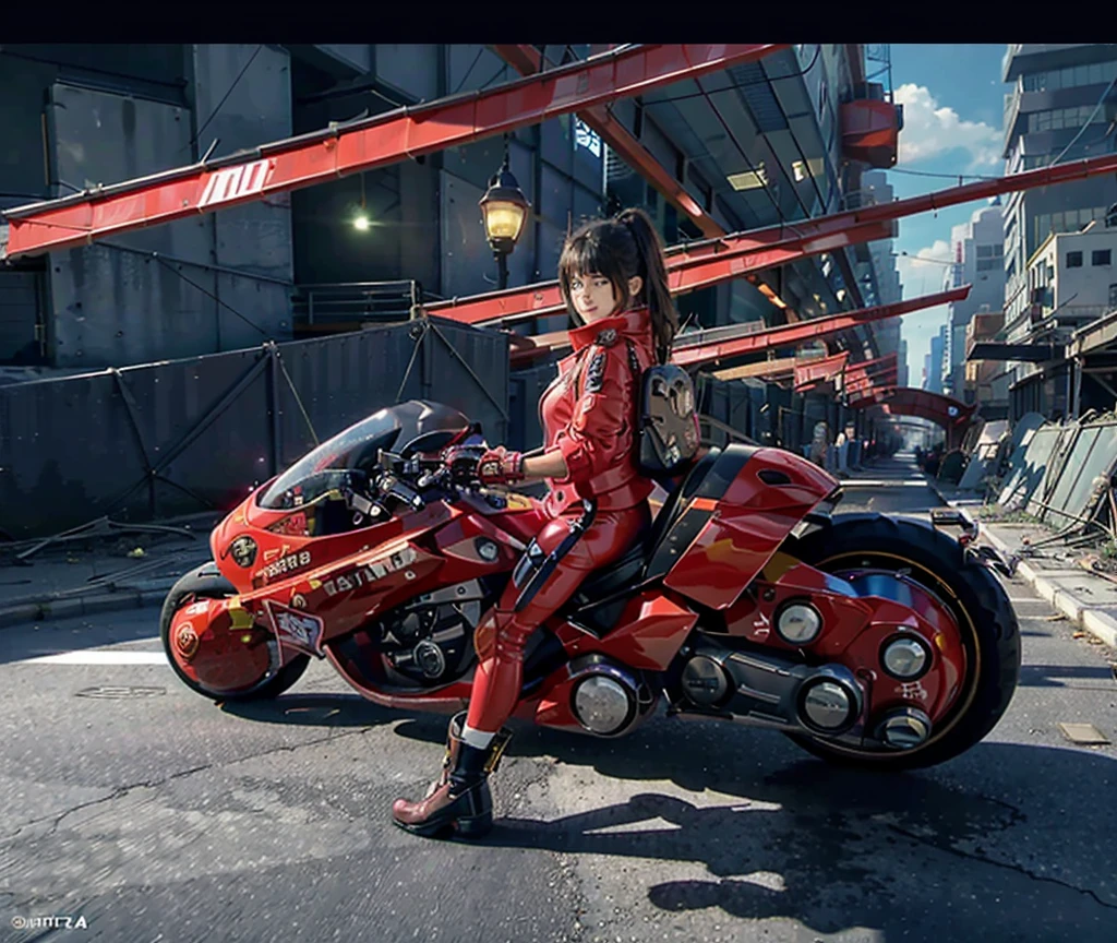 closed - up, upper body, masterpiece, best quality, a pretty young girl, beautifu young face, wearing red jacket and short pants, (riding a red akirabike In the ruins of a cyberpunk city after a thermonuclear war, Broken neon signs hanging from buildings), (round scifi metal breastplate coldly), long legs, (big warm grin), Lots of exposed broken cables pureerosface_v1