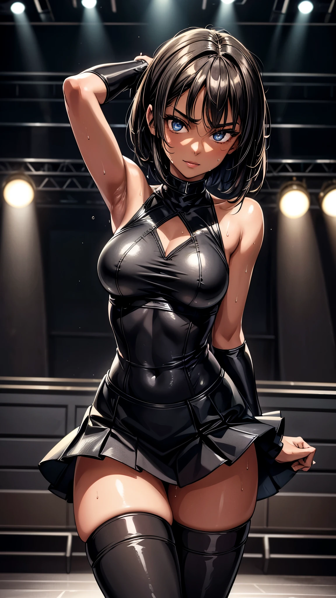 1 girl, short hair,black hair, black leotard,(Black high-leg cut:1.5),restrained, please raise your hand, Are standing, armpit, barefoot, whole body, big breasts,spread your legs, (please raise your hand), shy, embarrassing, blush,tears(perfect arms) (fine hands:1.6),(bound wrists:1.5), indoor, (fetters:1.8), bondage, open your arms,  (perfect arms), (fine hands:1.6),A girl surrounded by a large number of zombies in a laboratory,Shoulder caught by zombie,(lots of zombies around:1.5)