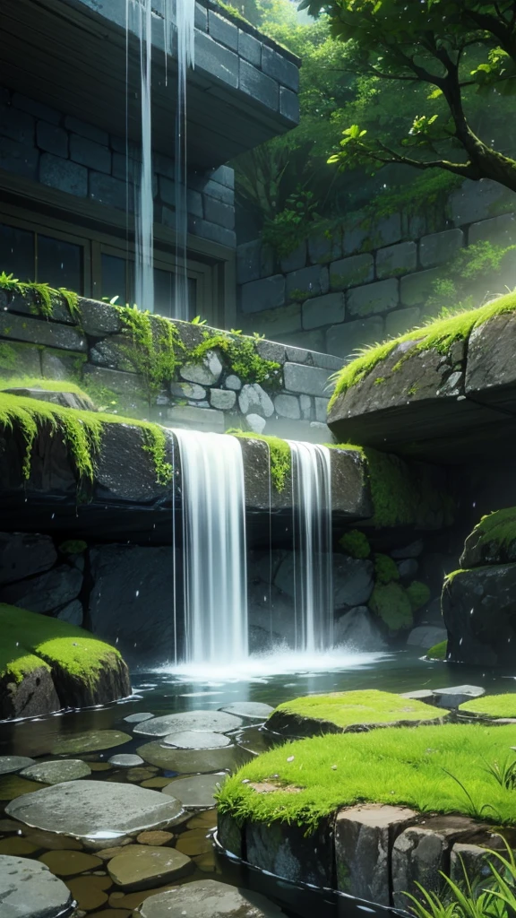 stone walls with moss, raining, cloudy, floor submerged with water that completely covers it,white clounds