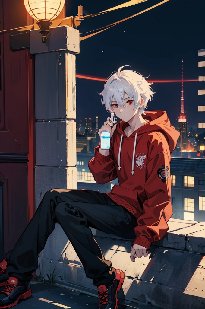 Male anime character, short white hair, red eyes, more details on face and eyes, wearing red hoodie, black pants, sitting, city, night, absurdres, high res, ultrasharp, 8K, masterpiece, sitting on a wall in a city at night, best anime 4k , 4k anime wallpaper, anime style 4 k, badass anime 8 k, anime wallpaper 4 k, anime wallpaper 4k, anime art wallpaper 8 k, anime art wallpaper 4k, anime art wallpaper 4 k, anime style. 8k, high quality anime artstyle