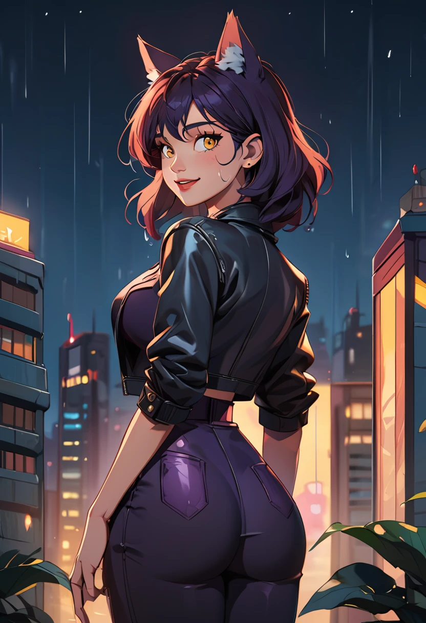 th3t4styl3, A stunning night scene: a solo girl stands outside, looking back at the viewer with a warm smile. She's dressed in high-waist pants, tight-fitting and thigh-strapped, paired with a cropped black leather jacket, flapping open to reveal a hint of red underneath. Her long, wet hair cascades down her back, as if kissed by the rain-soaked night. Animal ears, adorned with jewelry, protrude from her head, their fluffy tips quivering slightly. Her wolf-like ears are matched by her piercing yellow eyes, which seem to gleam in the city's urban landscape, where towering buildings loom behind her. She wears a shirt and pants combo that accentuates her medium breasts, creating a subtle cameltoe effect. The overall mood is sultry, with the girl exuding confidence as she stands under the starry sky, her parted lips inviting the viewer to step into her world.
