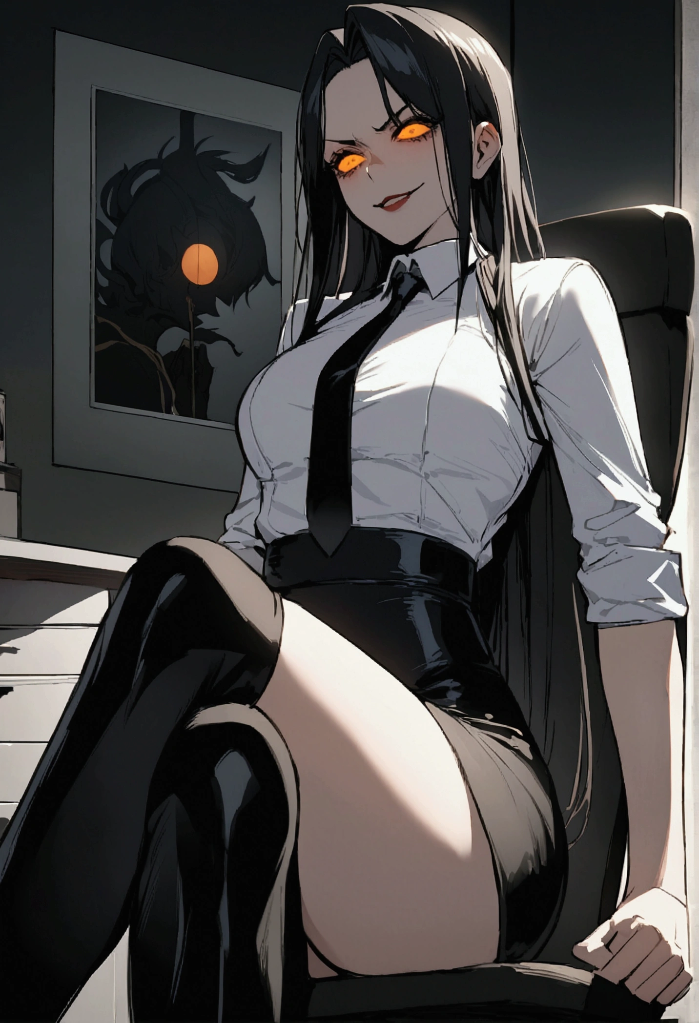 juri han, work of art, tight white secretary shirt with black tie, black high waist skirt, short skirt,stocking, black hair, black tightscary sun,office,bangs on the eyes,Lighting,horn of hair,sitting,cross legs,evil smile