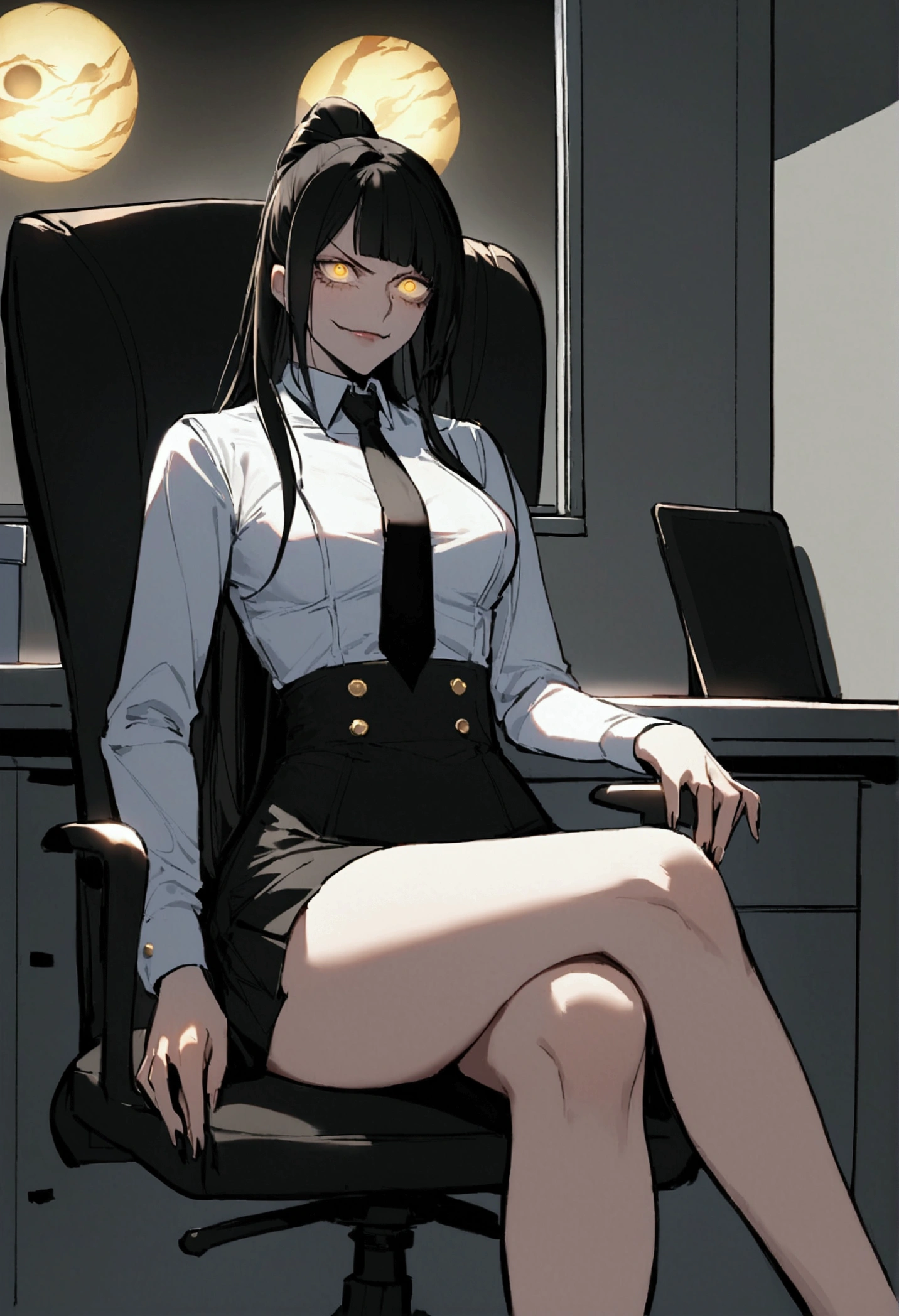 juri han, work of art, tight white secretary shirt with black tie, black high waist skirt, short skirt,stocking, black hair, black tightscary sun,office,bangs on the eyes,Lighting,horn of hair,sitting,cross legs,evil smile