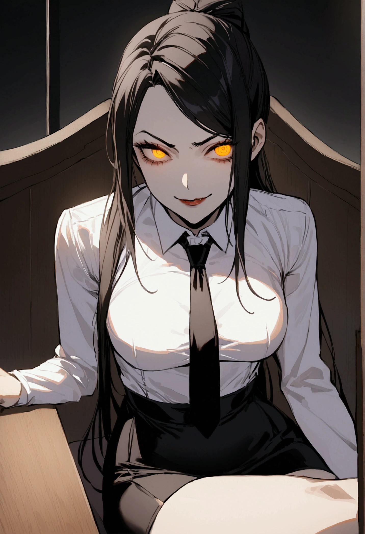 juri han, work of art, tight white secretary shirt with black tie, black high waist skirt, short skirt,stocking, black hair, black tightscary sun,office,bangs on the eyes,Lighting,horn of hair,sitting,cross legs,evil smile