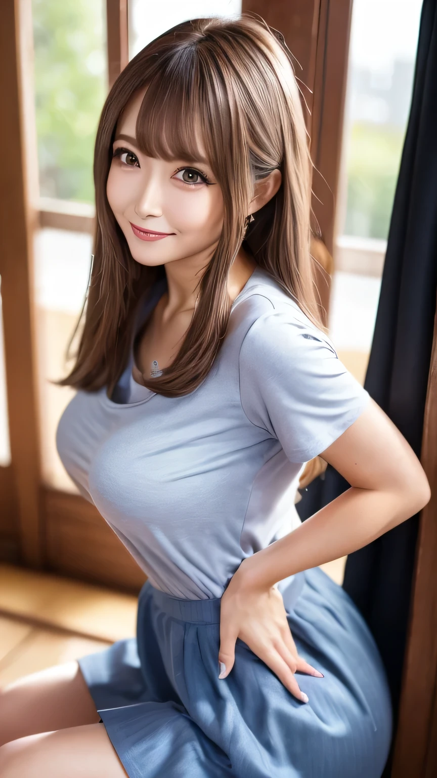 One Japanese woman, Housewife in her 30s、upper body shot、, Detailed face, Captivating smile, Detailed eyes, Thick chest, Smooth Skin, Light brown hair、Silk collar T-shirt, Gray-blue long skirt, Wearing high heels、Looking at the audience, Big Laugh、Small breasts、Wide ass、Low angle shot,(8k, RAW Photos, Highest quality, masterpiece: 1.2), (Realistic, Realistic: 1.37), Ultra-high resolution、Exquisitely detailed face, Eyes for exquisite detail,