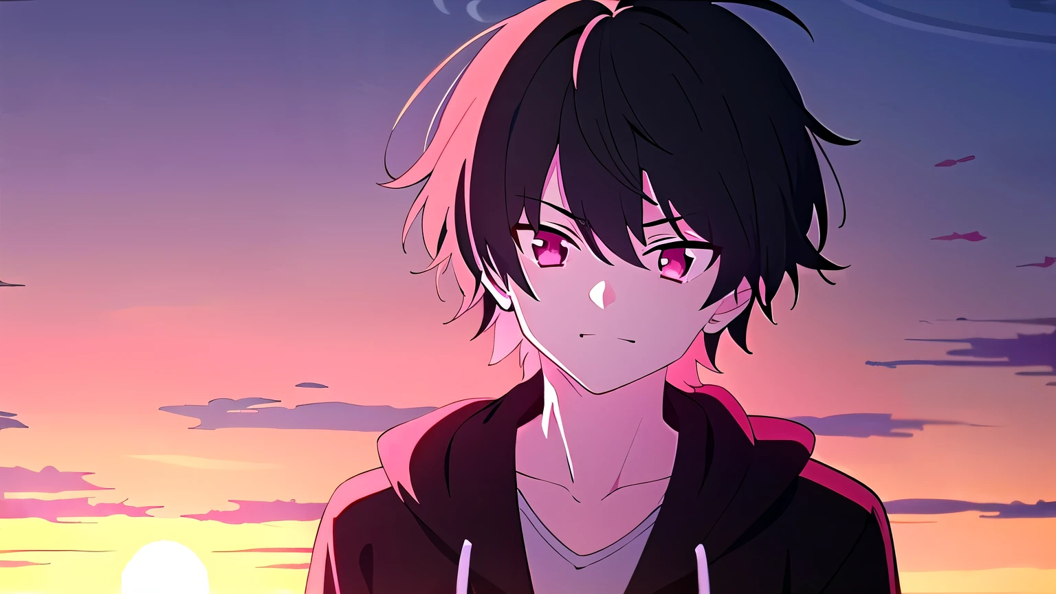  skinny, femboy, solo, 1boy, man, male A gloomy appearance,innocent smile,very short hair, short cut hair, black hair, red eyes,messy hair, bangs, messy bangs, cowlick, black hoodie, upper body, theme dark, sunset background,