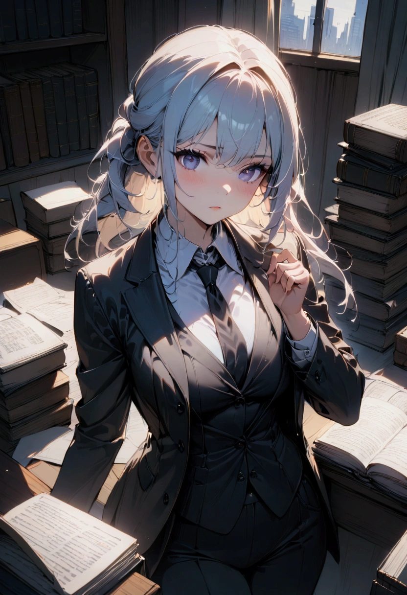 1girl, Lawyer, a lawyer in a courtroom, elegant formal suit, confident and professional expression, dramatic lighting, law books and documents in the background, cinematic composition, 8k, high quality, masterpiece, best quality, very aesthetic, absurdres