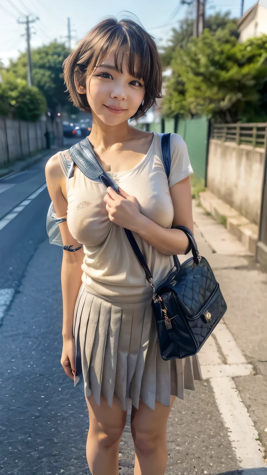 (Junior high school girls walking on the streets of Tokyo:1.2、blue sky)、((school uniform、White blouse、Pleated skirt、Navy blue socks、loafers)、(Shoulder bag、The strap of the bag passes between the chest、paisla:1.5)、the wind is strong、(Realistic、Like a photograph、Live Action、8k, Realistic, RAW Photos, Best image quality: 1.4), Single-lens reflex camera、RAW Photos, Highest quality, Realistic, Highly detailed CG Unity 8k wallpaper, Written boundary depth, Cinematic Light, Lens flare, Ray Tracing, Realistic background、((Ultra-Dense Skin))、 A  on her way to school,cute Japanese、(whole body:1.5)、Very detailedな顔，avert your eyes:1.1、(short hair:1.2、Shortcuty hair is blowing in the wind:1.4)、I like that style、stylish、Very detailed、Pay attention to the details、Perfect outfit、(Sunburned skin)、View from above、Accurate hands、Accurate legs、Detailed hands and fingers、Anatomically correct body、Thin legs、Thin thighs、Small breasts