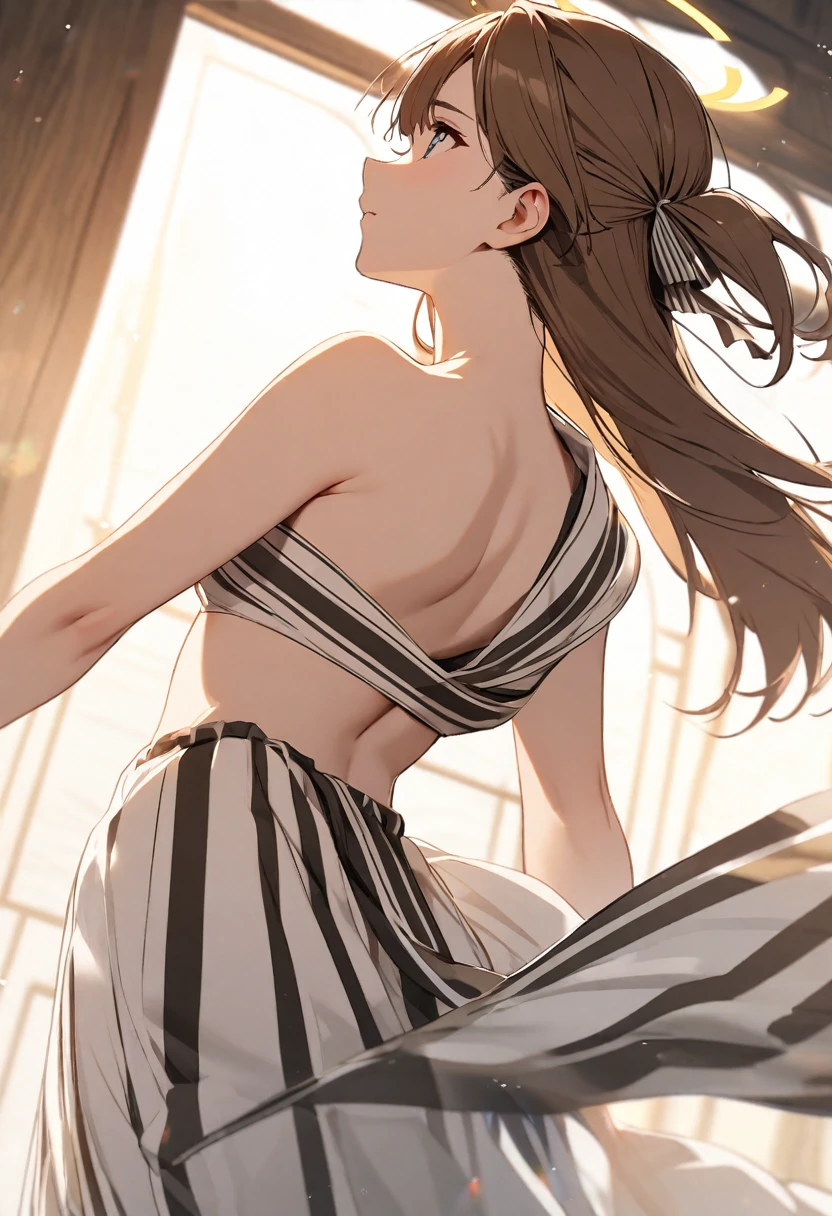 goddess(brown half-up hair, black and white stripe sari, hair-ribbon, brown halo, lean back)