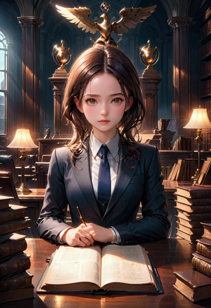 1girl, Lawyer, a lawyer in a courtroom, elegant formal suit, confident and professional expression, dramatic lighting, law books and documents in the background, cinematic composition, 8k, high quality, masterpiece, best quality, very aesthetic, absurdres