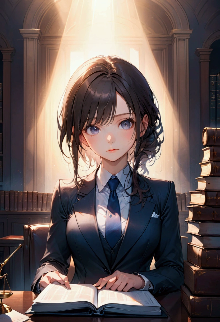 1girl, Lawyer, a lawyer in a courtroom, elegant formal suit, confident and professional expression, dramatic lighting, law books and documents in the background, cinematic composition, 8k, high quality, masterpiece, best quality, very aesthetic, absurdres