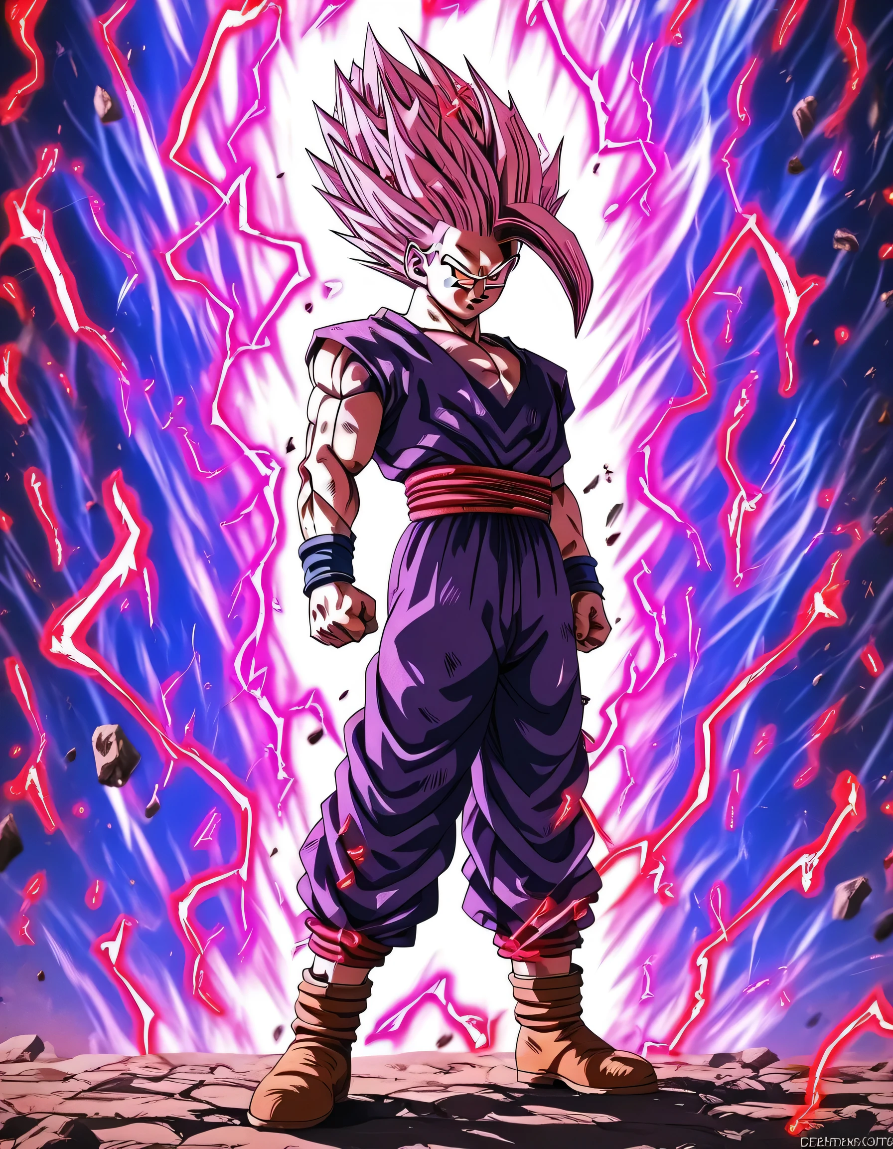 Vibrant, dynamic anime-style illustration featuring a muscular character Gohan with spiky pink hair, standing in a powerful pose. The character has a determined expression, with clenched fists and a strong stance. He is dressed in a white scarf, purple pants, and brown boots, with blue wristbands. The background is a mix of dark and bright colors, with a glowing aura surrounding the character, adding to the intense atmosphere. The image includes a watermark with the text 'JPRINNIAO' in a stylized font, located at the center of the image. The overall composition is energetic and dramatic, emphasizing the character's strength and power. anime, anatomically correct, super detail, high quality, 4K