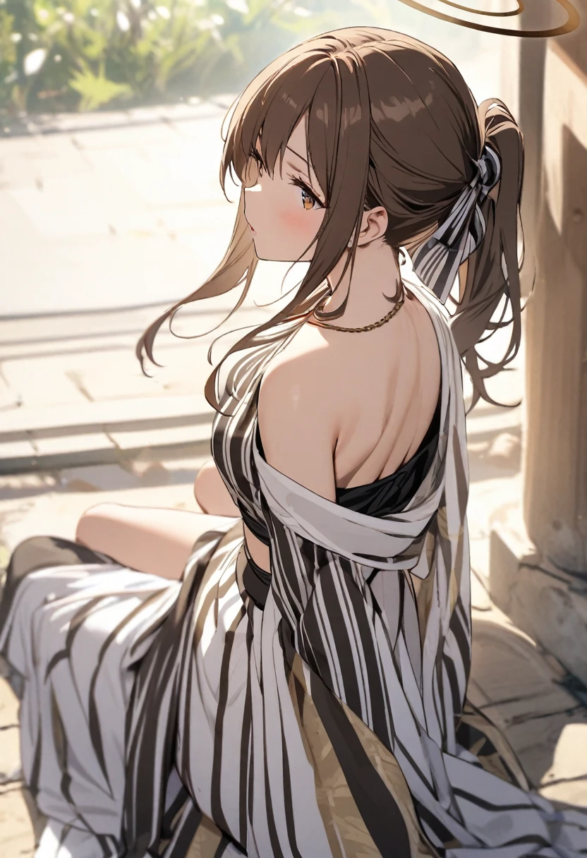 goddess(brown half-up hair, black and white stripe sari, hair-ribbon, brown halo, lean back)