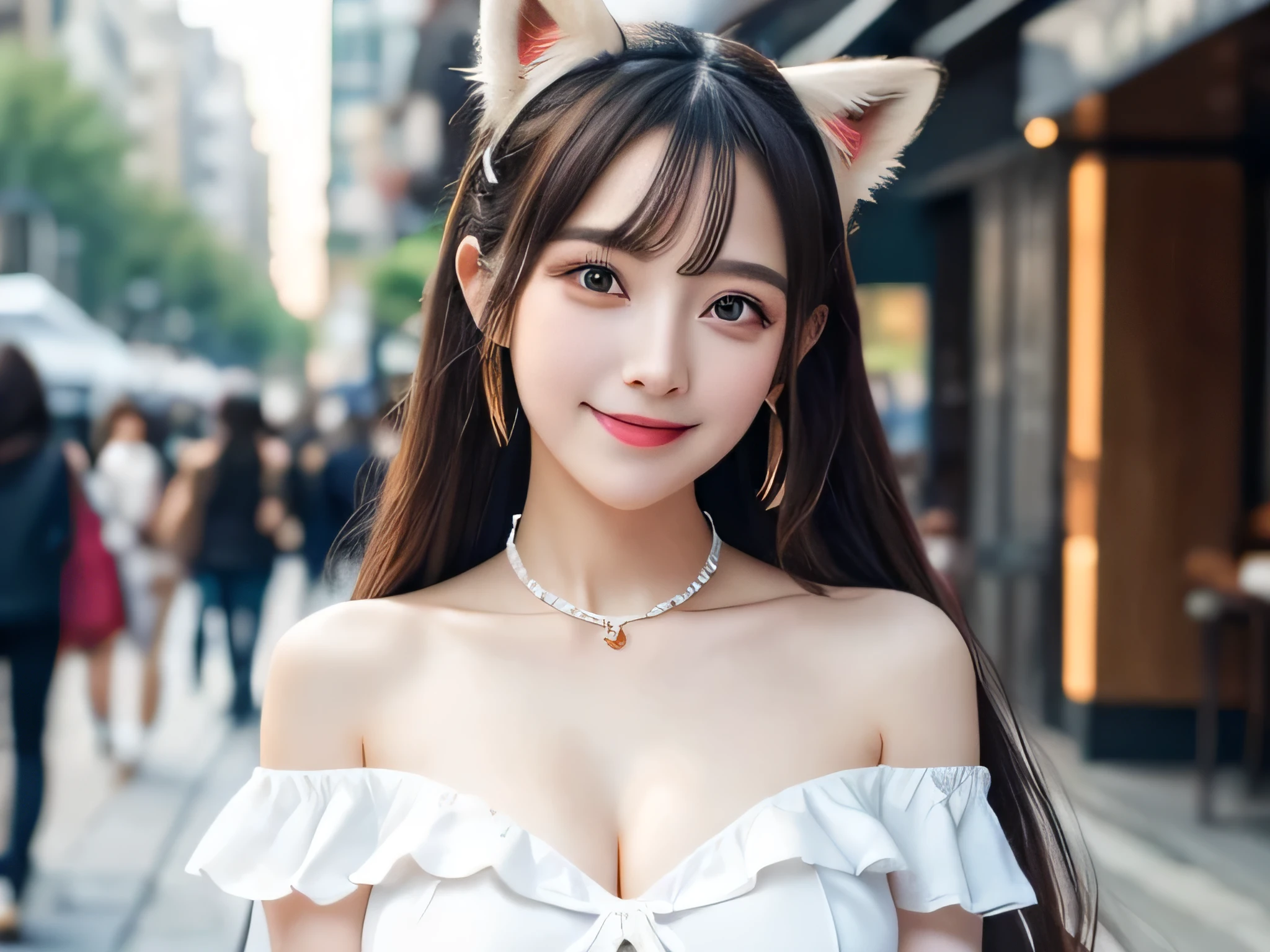 ((best quality)), ((masterpiece)), (detailed), 1 Girl, Off-shoulder ,Smile,Long hair,gentle,Anime style,big eyes,K cup,Revealing clothes,on the street,have clear nipples,Chinese,Low collar,Fox ears,Mature