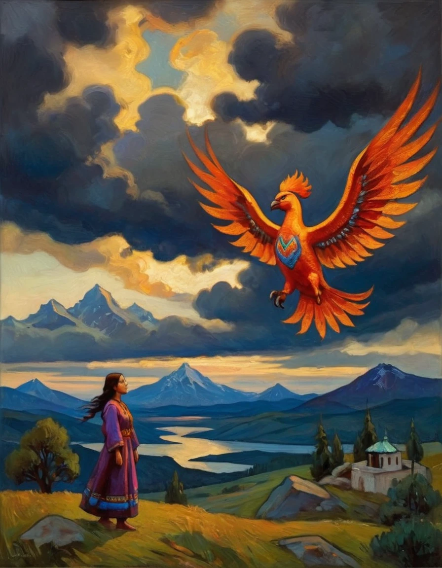 A Slavic girl with a firebird, dark clouds, ((Nicholas Roerich style)), dark colotful naive Renaissance, oil painting knife, ((best quality, masterpiece)), (high detail), impressionism:1.1, 8k