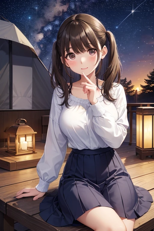 anegasaki nene、Shiny brown hair, Twin tails, (Beautiful brown eyes、Sparkling eyes, Fine grain)、smile、Ultra-detailed eyes、Highly detailed face, Highly detailed eyes,


(masterpiece、Highest quality、Highest quality、Official Art、Beautiful and beautiful:1.2)、
Highest quality、High resolution、Detailed Background、Beautiful face in every detail、Anatomically correct、(Draw the normal number of fingers:1.2)、Detailed facial expressions、Teenage Beauty、Huge breasts、Perfect body line、cute hair color、cute hairstyle、Romantic and cute atmosphere、cute mood、Cowboy Shot、

Beautiful girl enjoying the starry autumn sky、

Stargazing on a picnic date、Holding hands with the night sky as background, Search for constellations、Enjoy a romantic meal under the stars、
Rooftop or rooftop date、Hand in hand、While looking up at the starry sky together、優しい言葉とsmileを交わす時間を過ごしましょう、
Camp Schedule、Lying together in a tent and gazing at the starake a wish on a star、
Search for constellations、While talking about the stars、It can also deepen the distance between you、
Take photos with your partner or friends against the backdrop of the starry sky、星を指差してsmileで写真を撮ったりしましょう、

A feminine dress with lace and frills is paired with boots or pumps.、Choose a dress in autumnal colors or floral patterns., it will give off a sense of the season and stand out for its cuteness、
This style layers a shirt or cardigan over a T-shirt or turtleneck.、
Pair with sneakers or boots for a casual and stylish look.、
Loose, Oversized knit top and leggings.、Wear boots or loafers to complete your autumn look.。We also recommend a bohemian style that combines a maxi skirt or wide pants with a blouse and cardigan.。、Accessorize with flat sandals or boots to show off your individuality., This style is perfect for fall evenings.、
A casual style that combines sweatpants or sweat dresses with sneakers or ankle boots.、Pair it with a voluminous hairstyle or cap for a trendy and cute impression、
This style incorporates leather jackets and leather skirts.、Pair it with a simple top or knitwear.、Pair it with boots or sneakers、Edgy style for autumn evenings。、
A style that combines a pleated skirt with a simple top or knit.、Belt and tights、Pair it with boots for a cute and mature look.、
This style combines embroidered blouses and jackets with skirts.、Pair it with loafers and boots for a slightly classic and cute vibe、
This style combines a knit vest with a long-sleeved top or shirt and skirt.、Pair with ankle boots or sneakers, Add a scarf or hat as an accent、Perfect style for autumn evenings。、cute