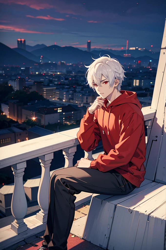 Male anime character, short white hair, red eyes, more details on face and eyes, wearing red hoodie, black pants, sitting, city, sitting on a wall in a city at night, best anime 4k , 4k anime wallpaper, anime style 4 k, badass anime 8 k, anime wallpaper 4 k, anime wallpaper 4k, anime art wallpaper 8 k, anime art wallpaper 4k, anime art wallpaper 4 k, anime style. 8k, high quality anime artstyle