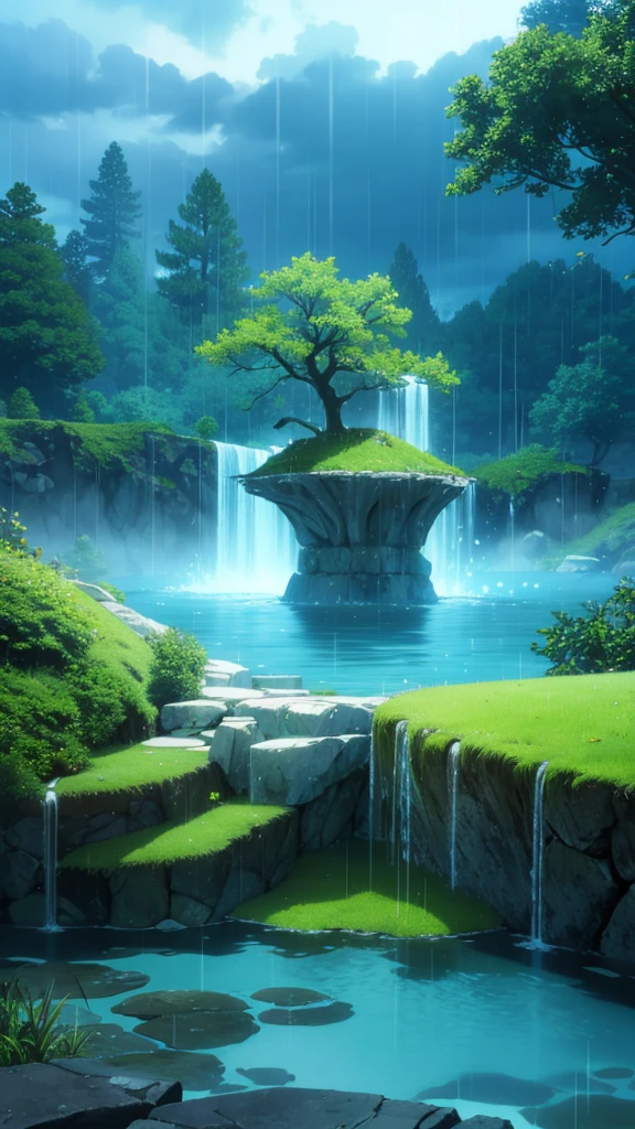 gigant serpert made of water, water elemental, over a lake,,stone walls with moss, raining, cloudy, floor submerged with water that completely covers it, depth,