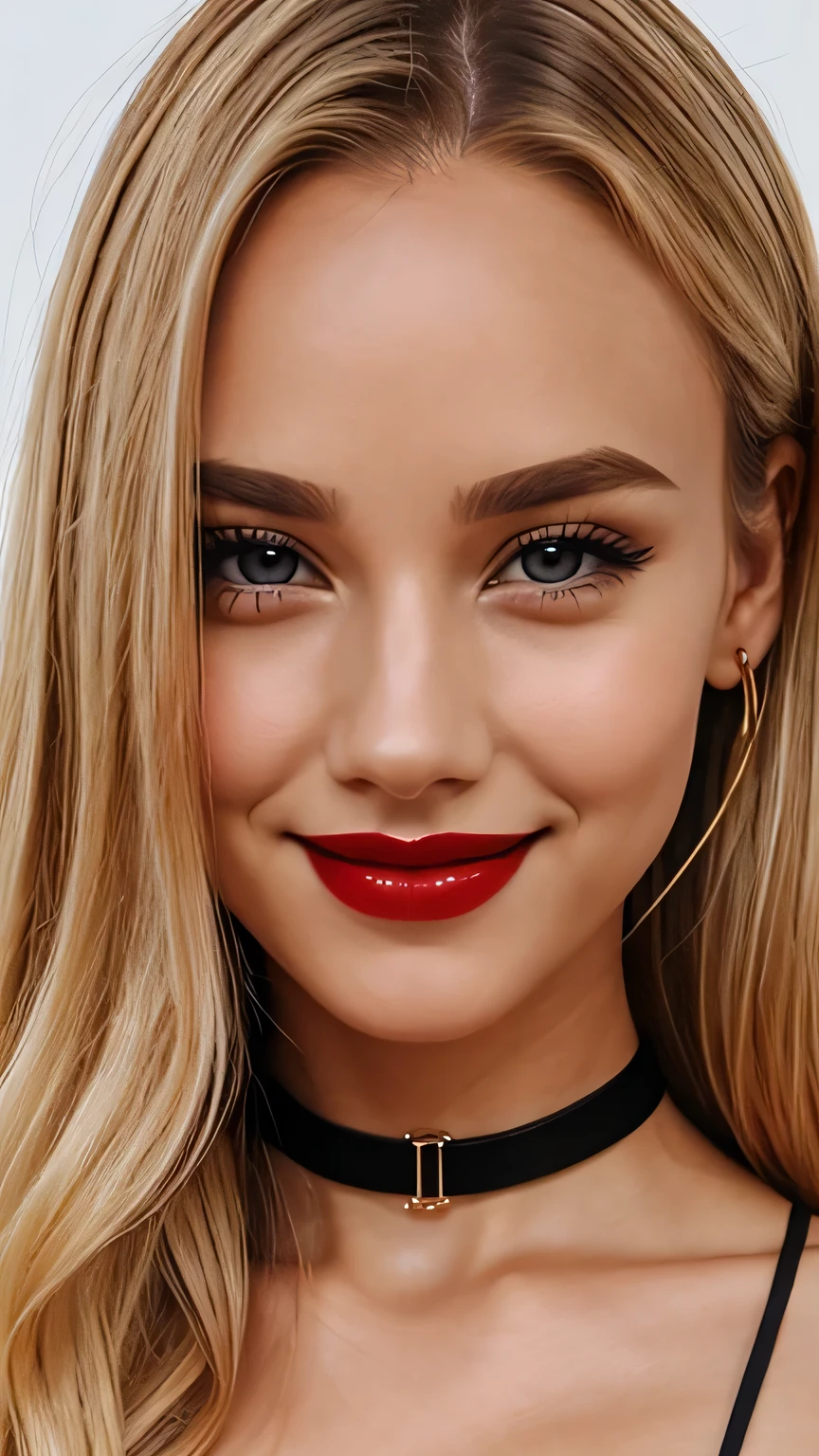 choker, 1girl, solo, black choker, lips, looking at viewer, realistic, nose, collarbone, red lips, smile, forehead, blonde hair