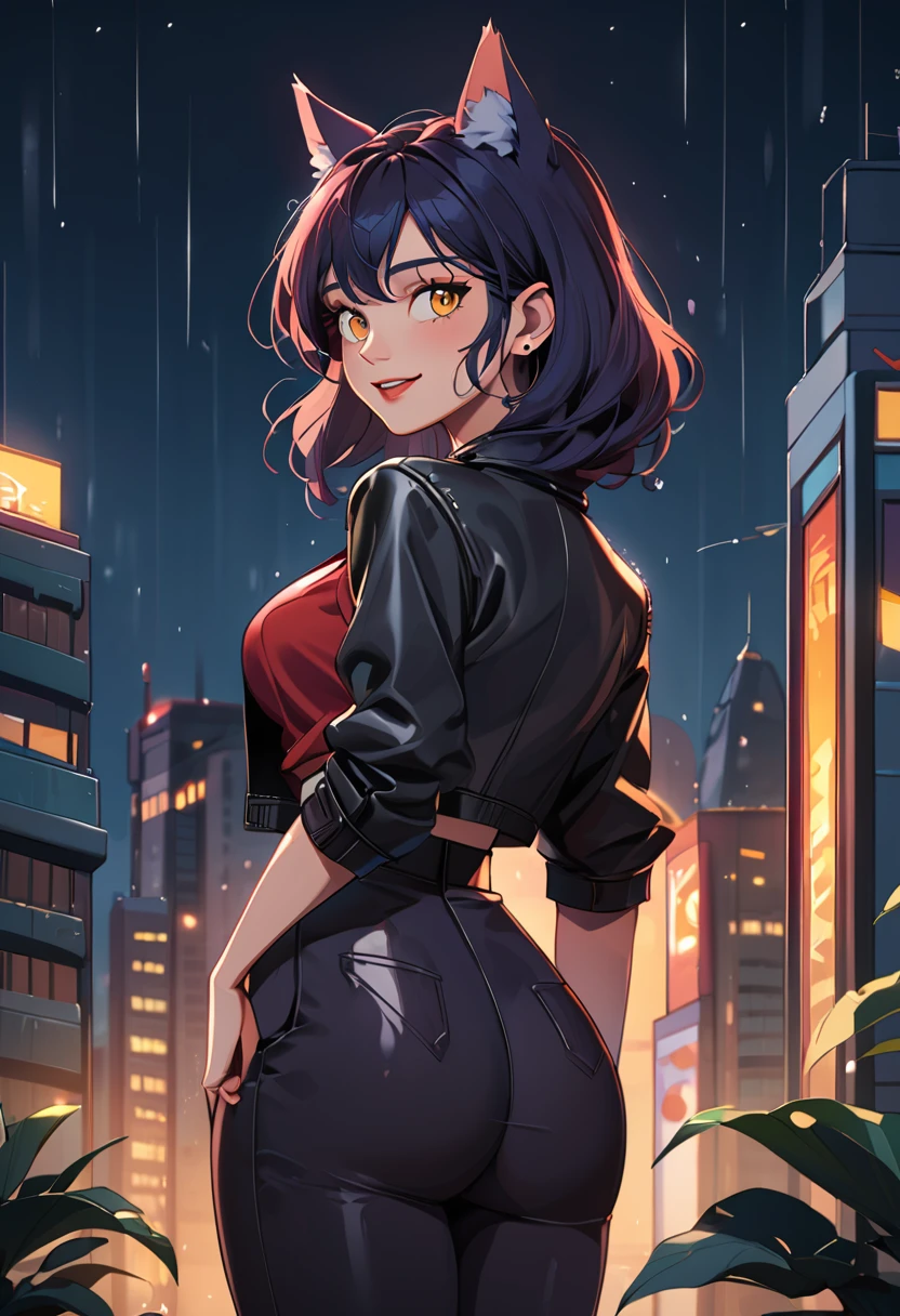 th3t4styl3, A stunning night scene: a solo girl stands outside, looking back at the viewer with a warm smile. She's dressed in high-waist pants, tight-fitting and thigh-strapped, paired with a cropped black leather jacket, flapping open to reveal a hint of red underneath. Her long, wet hair cascades down her back, as if kissed by the rain-soaked night. Animal ears, adorned with jewelry, protrude from her head, their fluffy tips quivering slightly. Her wolf-like ears are matched by her piercing yellow eyes, which seem to gleam in the city's urban landscape, where towering buildings loom behind her. She wears a shirt and pants combo that accentuates her medium breasts, creating a subtle cameltoe effect. The overall mood is sultry, with the girl exuding confidence as she stands under the starry sky, her parted lips inviting the viewer to step into her world.
