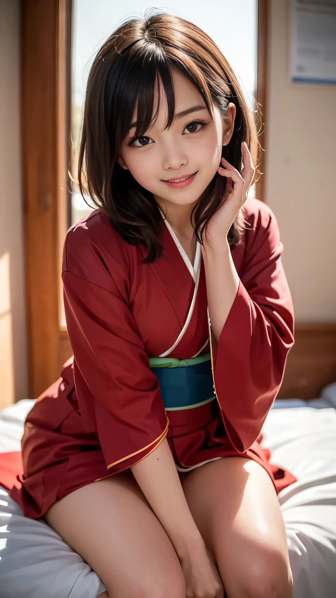 (((A single photo:1.2))), ((A beautiful girl in a cute kimono is responding in the room:1.4)), ((性欲の強いhigh school girl:1.4)), (Short Hair), (8k, RAW Photos, Highest quality, masterpiece:1.2), Looking at the audience, Viewed from the front, Beautiful white skin, knees, Absurd face is small, Part your bangs down the middle, The forehead is visible, Glare, ((Cute and mischievous face:1.3)), Ultra-high resolution, ((I can't wear underwear)), ((Slender and erotic body line)), (Outstanding proportions), high school girl, (Idolフェイス:1.2, Baby Face:1.65), Japanese women, Are standing, (Photorealistic:1.37), Photon Mapping, Realistic, Cute and small face, Brown eyes, prospect, Written boundary depth, Blurred Background, (I can see the bangs), Silky smooth hair, (Firm stomach:1.3), (Beautiful and slim thighs:1.4), (Small beautiful butt:1.2), (Curved waist), thigh, Nogizaka idol, Idol, (Detailed hands:1.4, Accurate hands:1.4, Beautiful little hands of a girl:1.3, Beautifully crafted with attention to detail:1.3), (Firm and beautiful breasts:1.3, Fascinating Cleavage:1.2), Super quality, Low people, (Clear white skin, Skin with visible pores), (Focus on the face), Check and correct the garment construction, (Perfect Anatomy:1.4), (Detailed eyes and face:1.3, Professional photography techniques), (Detailed arms and legs:1.4), (View the viewer, blush:1.3)