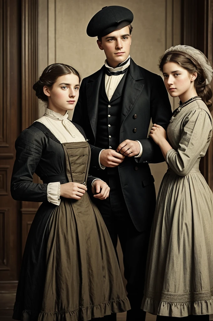 Make a book cover for me, two men and a girl, it should be a man and a girl that are true to the era, they should be in clothes of the same style, it should be a 19th century photo, and the contrasts between the war and a love triangle should appear in the background