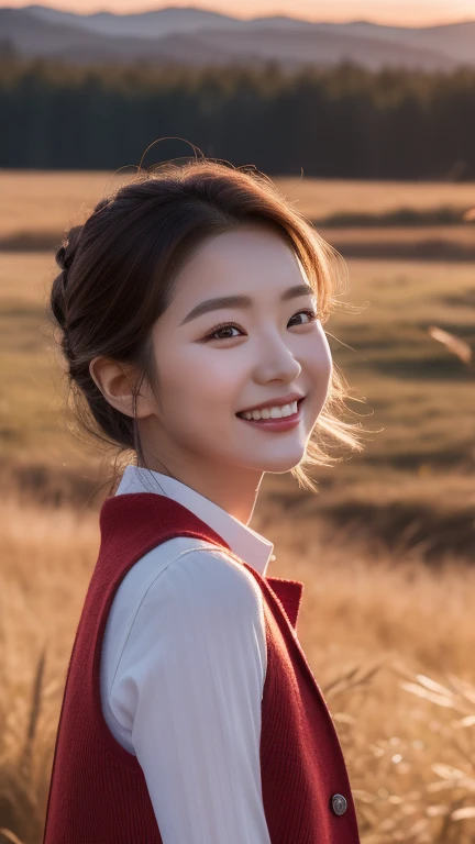 1 real photo of a cute Korean star, Hair sides facing up, White skin, Makeup, 34 inches bust, Smile, Wearing a red vertical striped vest, trousers, In the countryside, sunset light, Upper body portrait, Ultra high quality