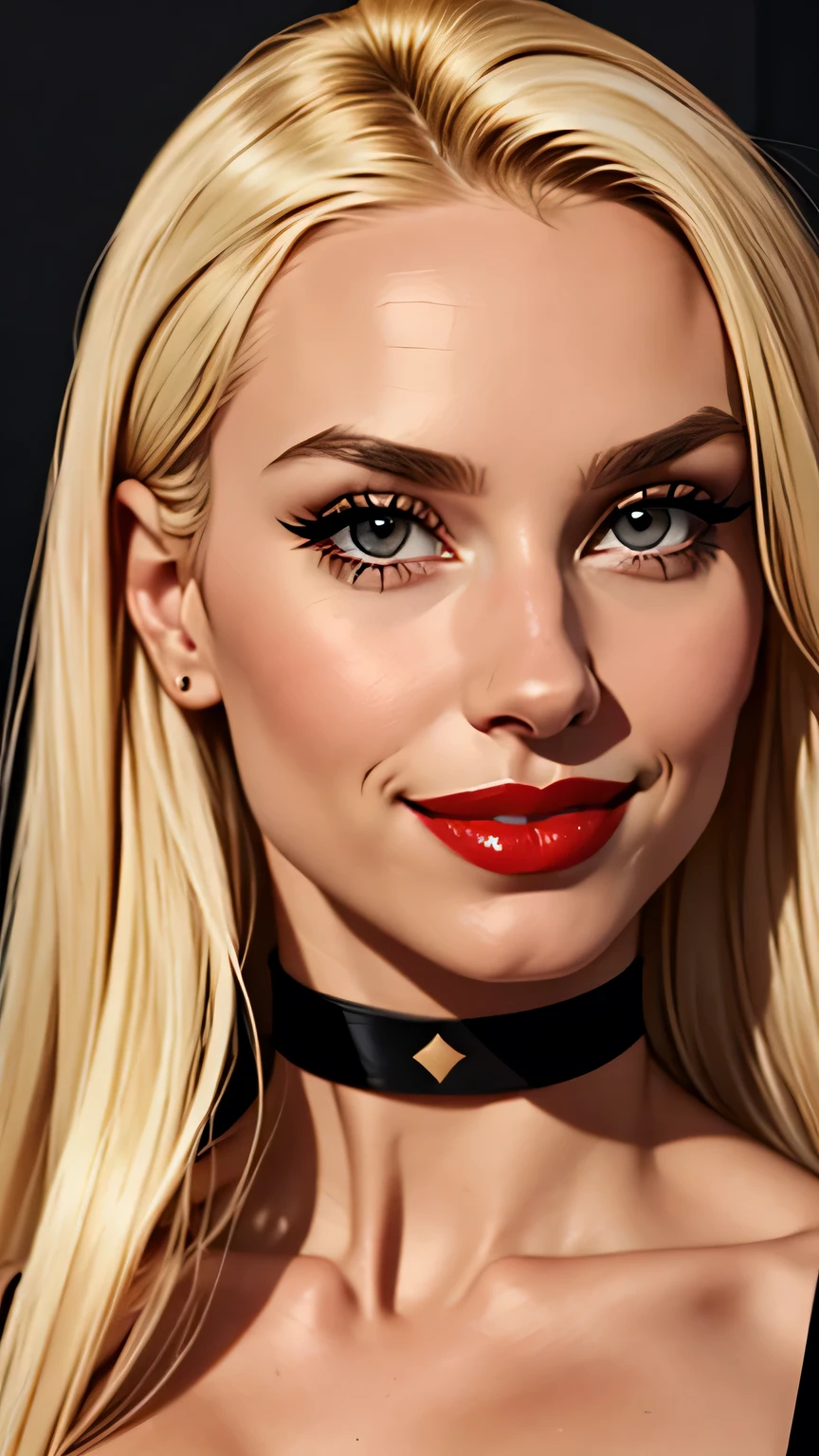 choker, 1girl, solo, black choker, lips, looking at viewer, realistic, nose, collarbone, red lips, smile, forehead, blonde hair